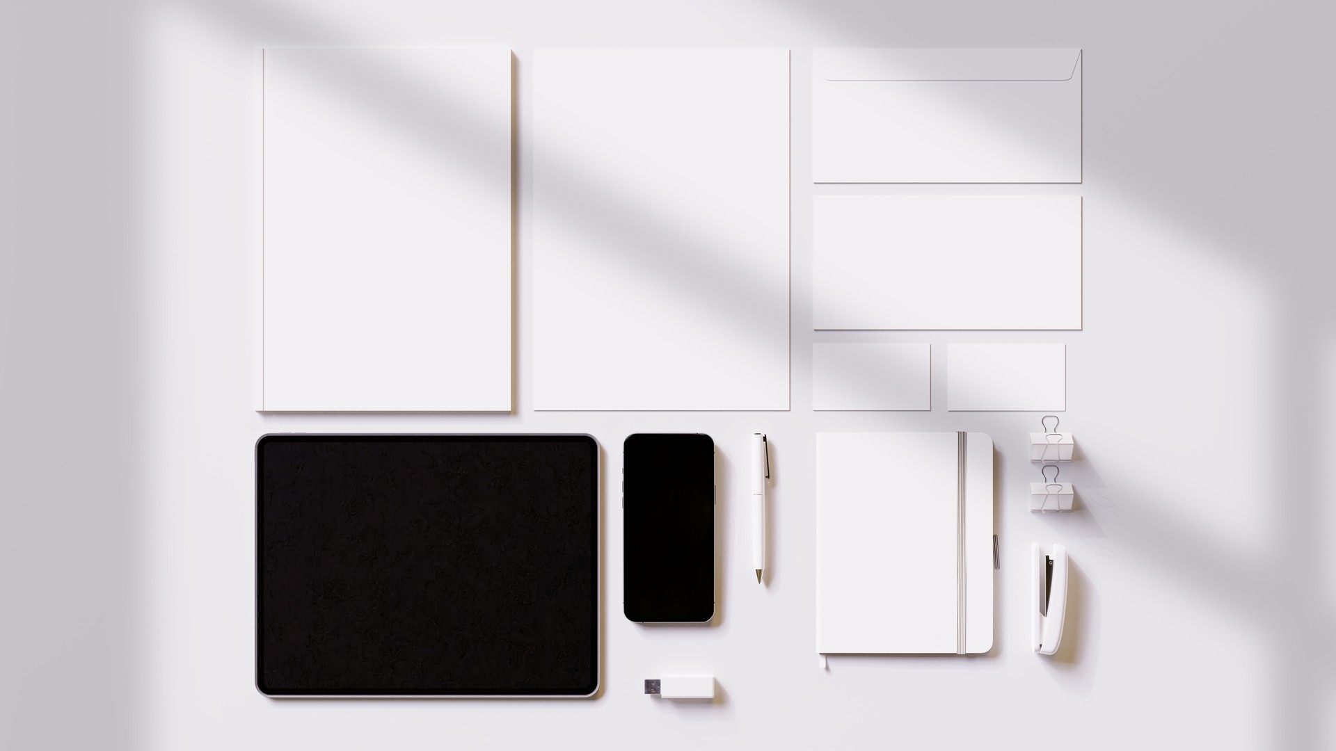 Branding stationery set mockup with smartphone and tablet included. 3D illustration