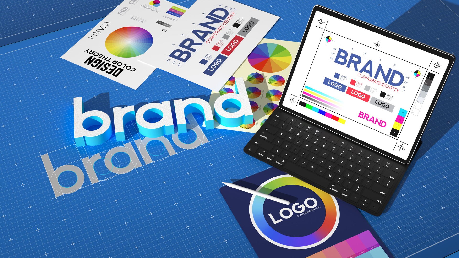 3D render, branding elements, color wheel, logo concepts, tablet with design software, keyboard, vibrant colors, blue grid background, corporate identity, graphic design tools, creative workspace, professional marketing materials.